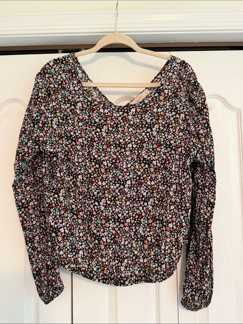 LOFT Black Floral Long-Sleeve Top with Multicolor Ditsy Print